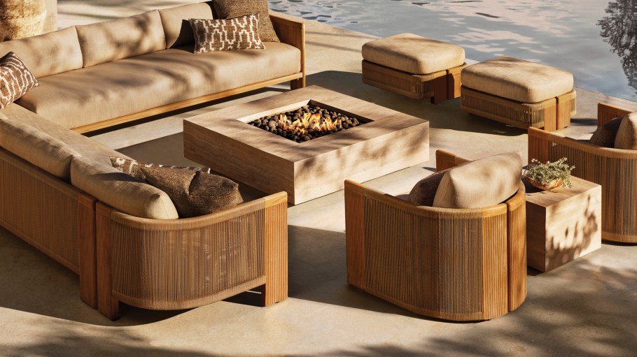 From the RH Outdoor "Striata" Teak Collection.