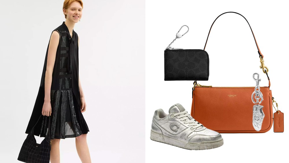 model posing in a black frock and with the coach brooklyn bag in hand; an assortment of bag accessories, like a wallet and sneaker charm, next to a coach plaza bag