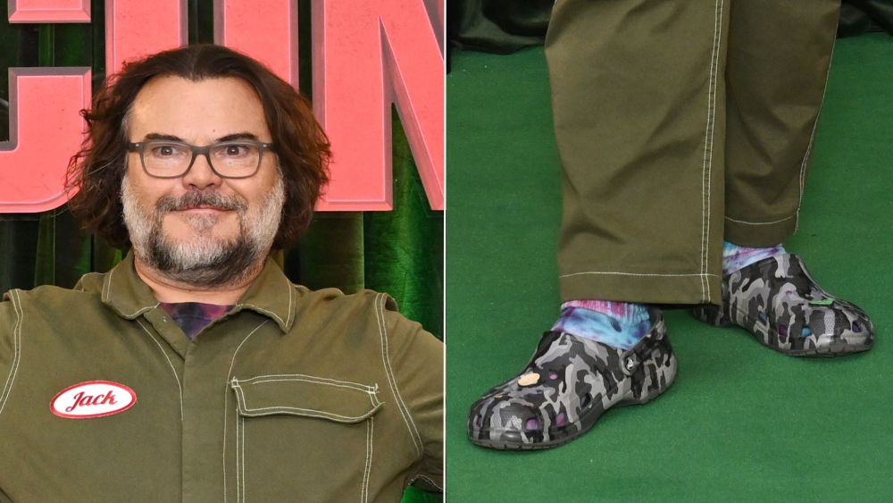 Jack Black paired a Classic Croc Clog in gray camo with blue and pink tie-dye socks at the London Photocall for "Anaconda" on Thursday.