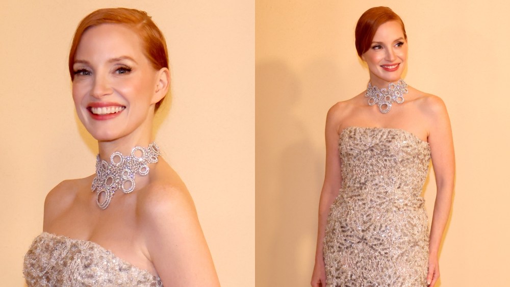 Jessica Chastain wears a custom Brunello Cucinelli and Damiani statement necklace for the "Brunello, Il Visionario Garbato" red carpet premiere on Dec. 4, 2025 in Rome, Italy.