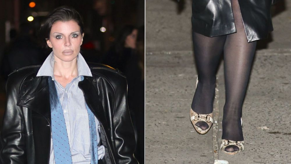 Julia Fox was the latest celebrity to embrace the snakeskin shoe trend, wearing Gucci's two-tone python and leather trim buckle detail peep toe pump on Friday night in New York City.
