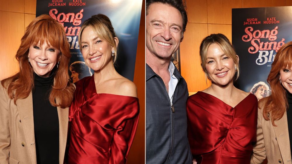 Kate Hudson, who wears a draped red satin outfit, alonngside Reba McEntire and Hugh Jackman at a screening of "Song Sung Blue" in Los Angeles on Saturday.