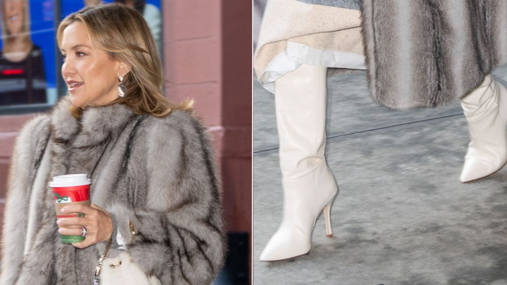 Kate Hudson wore slouchy ivory stiletto boots in New York, joining the celebrity footwear trend of knee-high white boots on Tuesday.