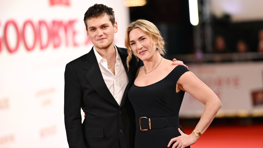 Kate Winslet wears custom Elie Saab attends the "Goodbye June" premiere on Dec. 3, 2025 in London.