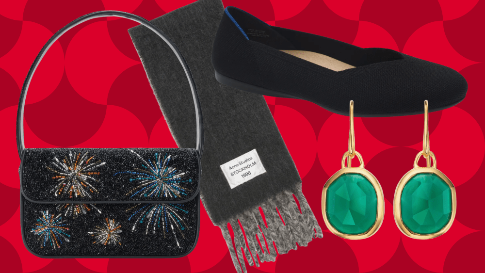 assortment of last-minute luxury gifts at nordstrom, including scarves and earrings, over a festive red background