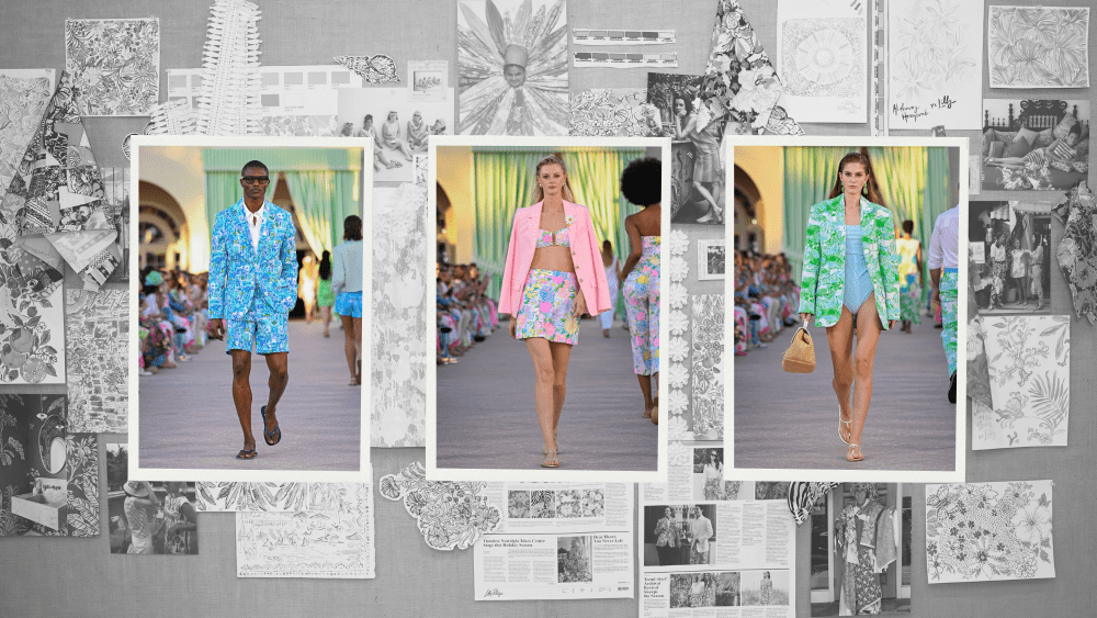 three looks from lilly pulitzer's spring 2026 show, overlaid on a mood board featuring original lilly sketches and clippings