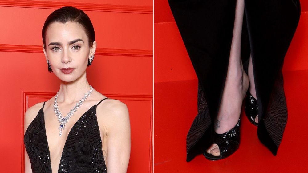 Lily Collins keeps her textured footwear streak going in black patent peep-toe pumps at the premiere of "Emily in Paris" Season Five in Paris on Monday.