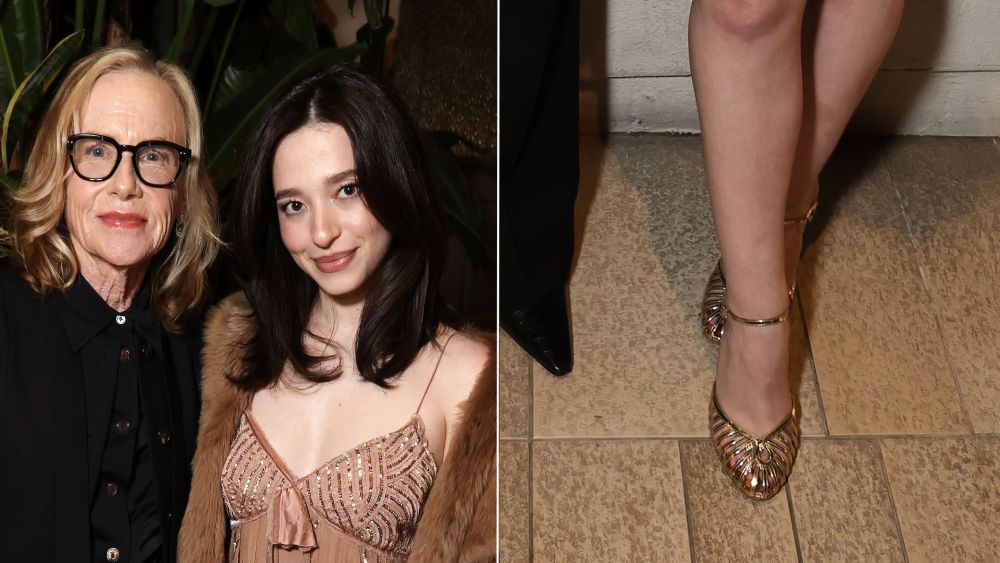 Amy Madigan and Mikey Madison, who wore Aquazzura's Sweet Surrender Cutout Mirrored Leather Pumps in Gold to a celebration for her film "Weapons" on Monday night in Beverly Hills.
