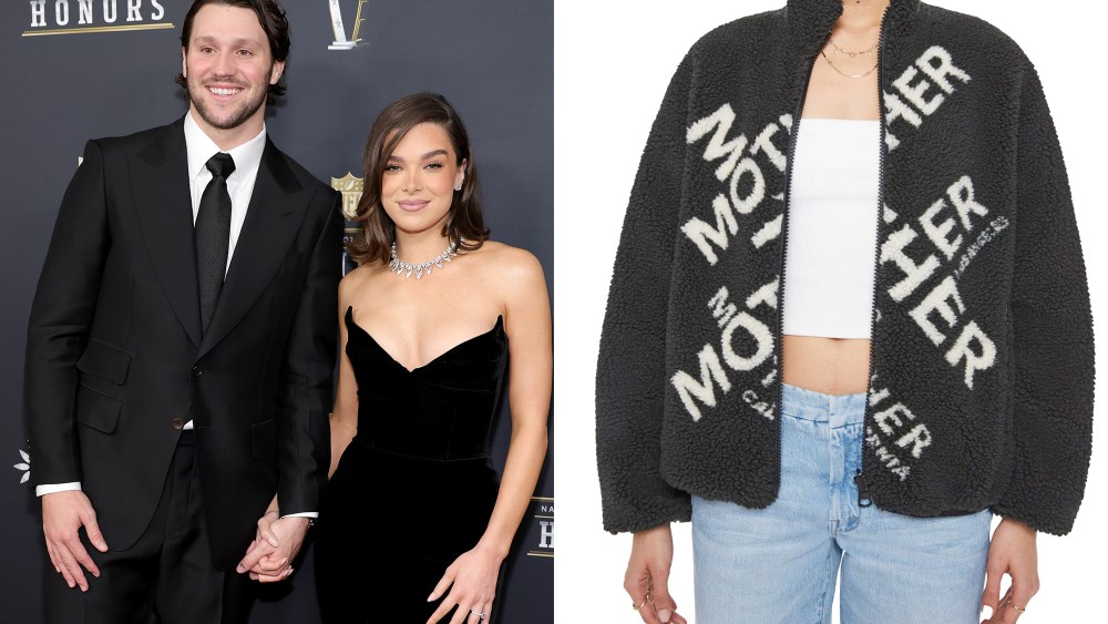 josh allen and hailee steinfeld posing together on a red carpet; a model wearing mother's The Reversible Heat Lamp jacket, overlaid on a white background