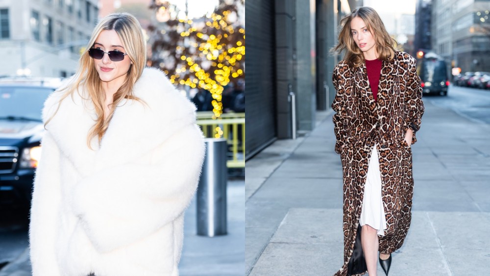 Natalia Dyer wears a Self Portrait coat, left, and Maya Hawke wears an animal print coat on Dec. 18, 2025 in New York City.