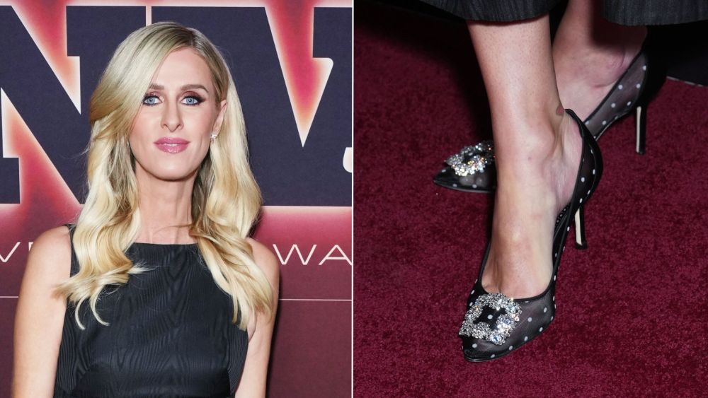 Nicky Hilton arrives on the 2025 FNAA red carpet in New York City wearing polka dot mesh Manolo Blahnik pumps.