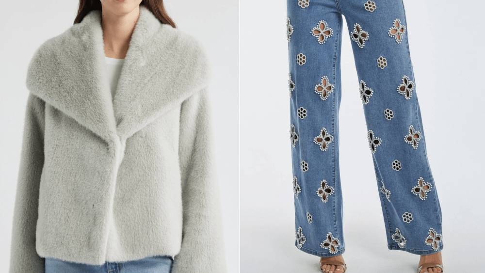 a light gray faux fur coat on a female model; embroidered jeans with pearls on a female model