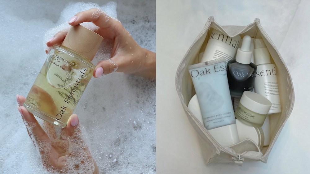 model's hands holding an oak essentials bath soak while in a bubble bath; makeup bag filled with oak essentials skin care