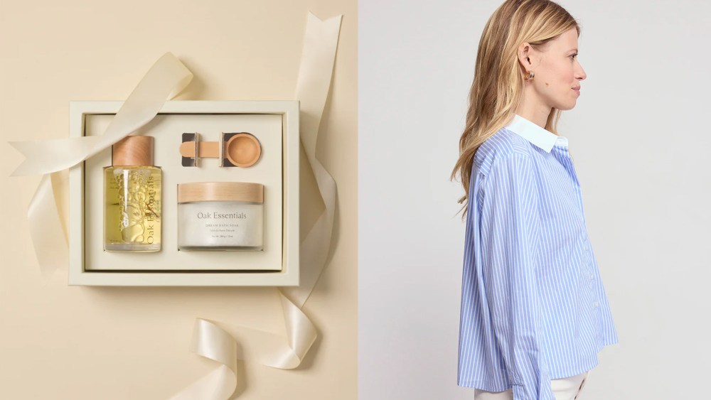 a spa gift set from oak essentials, featuring a bath soak and oil in their packaging; female model standing in profile while wearing a striped button up from the shirt