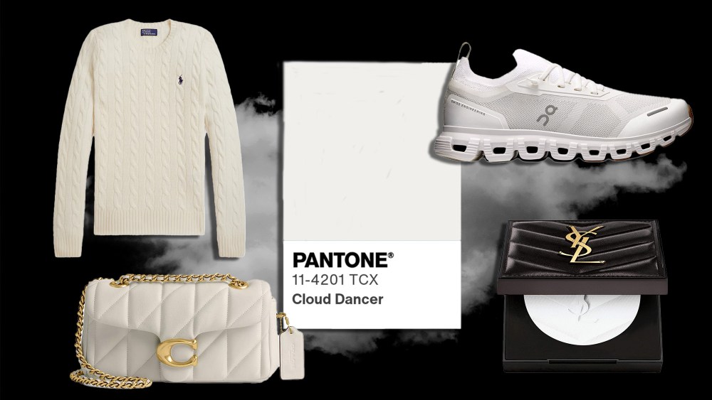 pantone color of the year swatch overlaid on a cloud background next to products from brands like ralph lauren and coach