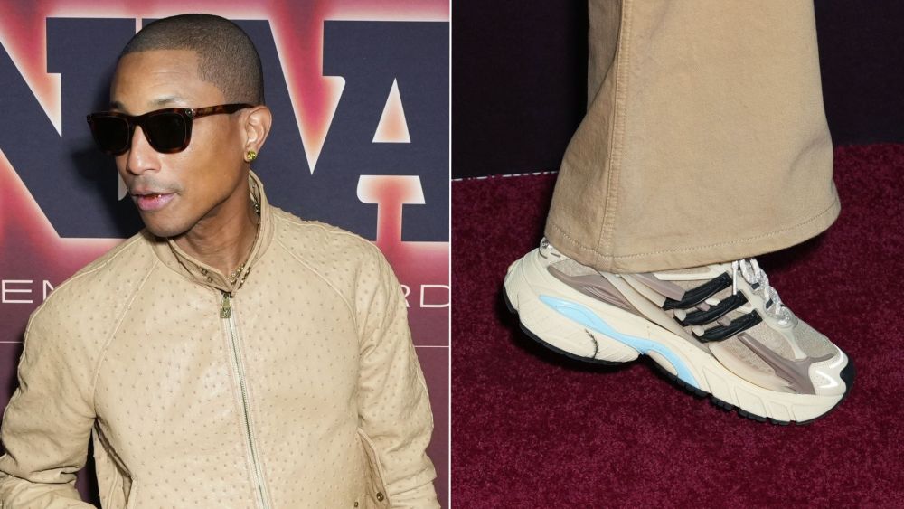 Pharrell Williams wears Adidas Adistar Jellyfish sneakers on the 2025 FNAA red carpet. The silhouette was awarded Shoe of the Year.