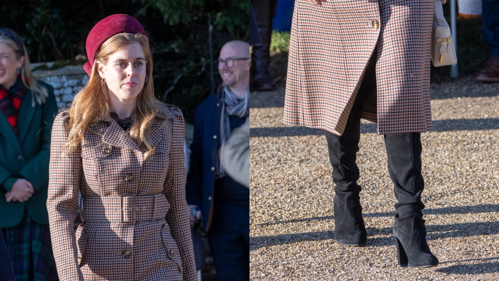princess beatrice, royal family, christmas morning church service, knee high boots