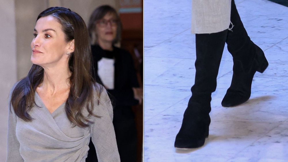Queen Letizia wears Magrit black suede boots at the 20th Anniversary Of "FundéuRAE" at Real Academia Española on Wednesday in Madrid.