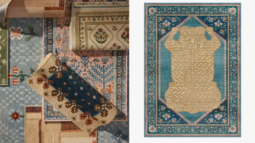 an assortment of ornate, patterned rugs from ruggable x anthropologie; a ruggable x anthropologie rug showcasing a splayed out tiger