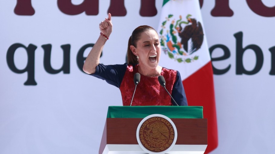 Mexican President Claudia Sheinbaum speaking at a political rally on Dec. 6.