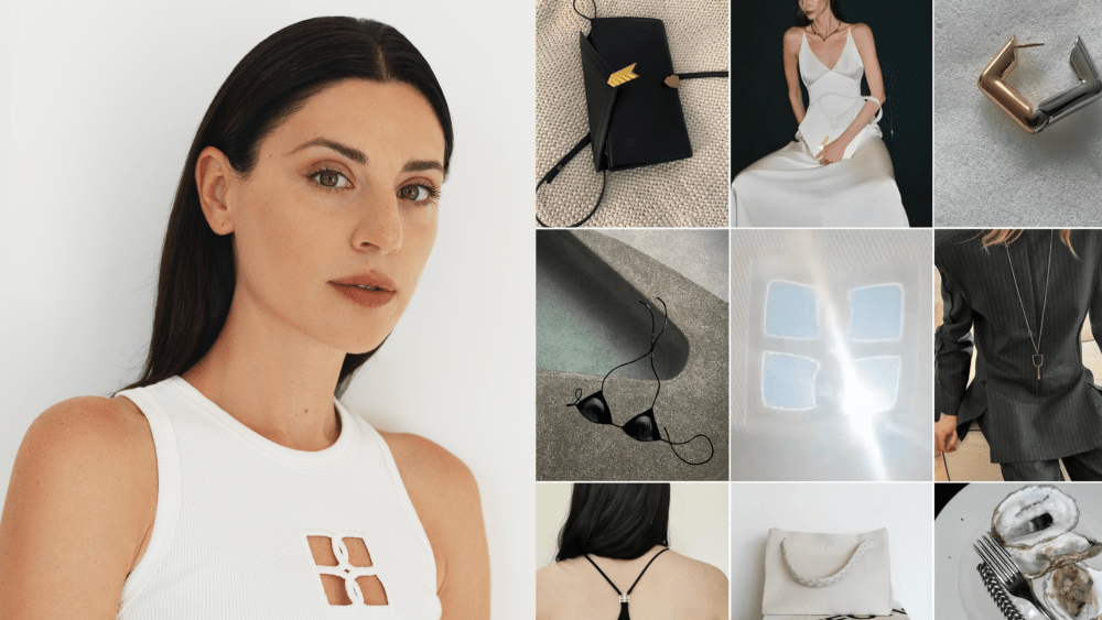 headshot of brand founder svitlana bevza; screenshot of bevza's instagram post, featuring models in dresses, bikini tops, a handbag, and more details