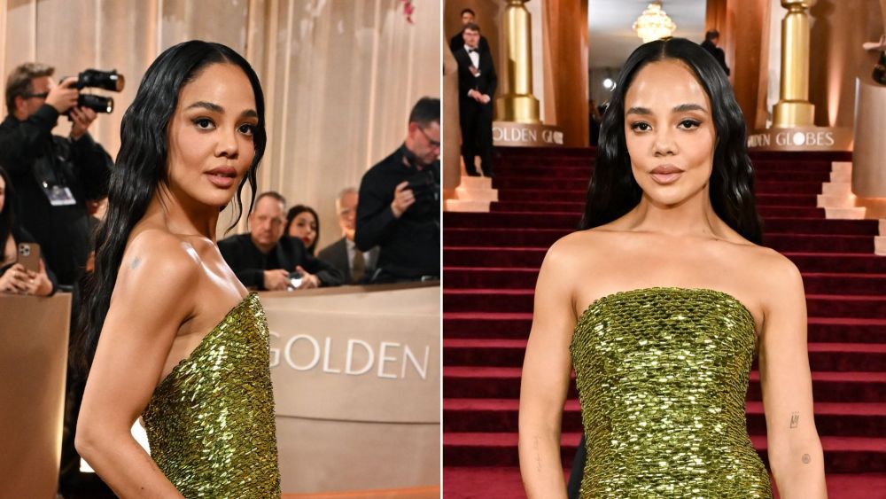 Tessa Thompson in a bespoke Balenciaga dress on the 2026 Golden Globes red carpet.