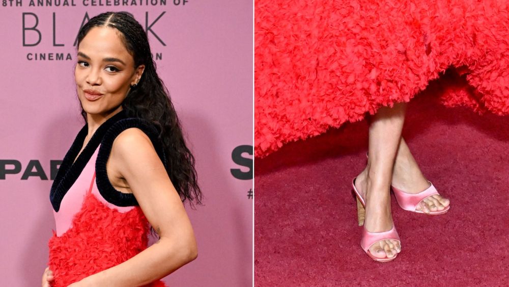 Tessa Thompson wears the Jude Sky Mule at the Critics Choice Association's Annual Celebration of Black Cinema & Television on Tuesday night.