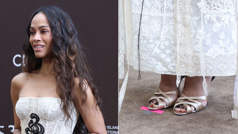 Zoe Saldaña paired her Saint Laurent Chandelle Sandals with an Erdem spring 2026 lace dress at the China premiere of "Avatar: Fire And Ash" on Monday.