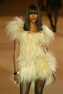 Naomi Campbell on the runway at Yves Saint Laurent's spring 2002 haute couture restrospective show in Paris.