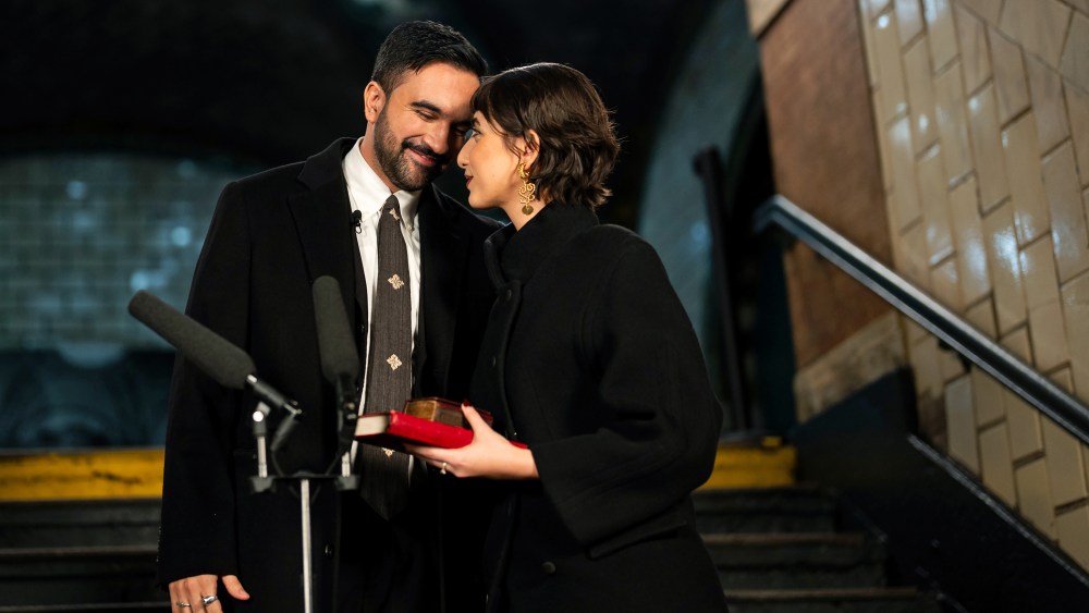 NEW YORK, NEW YORK - JANUARY 1: Zohran Mamdani shares a moment with his wife Rama Duwaji as he is sworn in as New York City's 112th mayor in the former City Hall subway station on January 1, 2026 in New York City. Mamdani’s term as mayor begins immediately in the new year, and a public inauguration will also take place in the afternoon at City Hall. (Photo by Amir Hamja-Pool/Getty Images)