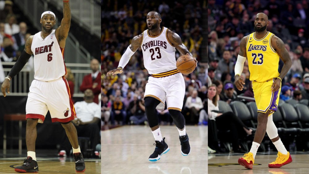 LeBron James wearing Nike sneakers in 2010, 2017 and 2026.