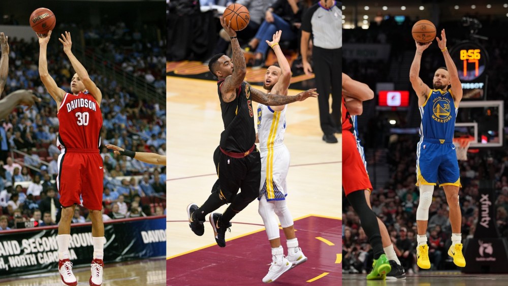 Stephen Curry playing basketball in 2008, 2018 and 2025.