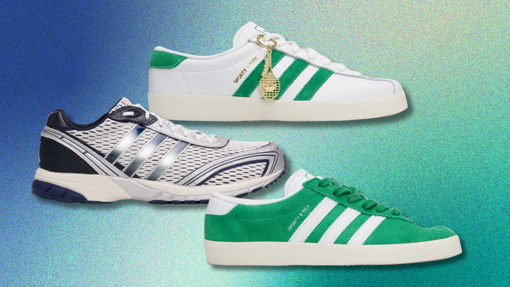 a trio of adidas x sporty & rich sneakers over a gradient, grainy, blue-green background
