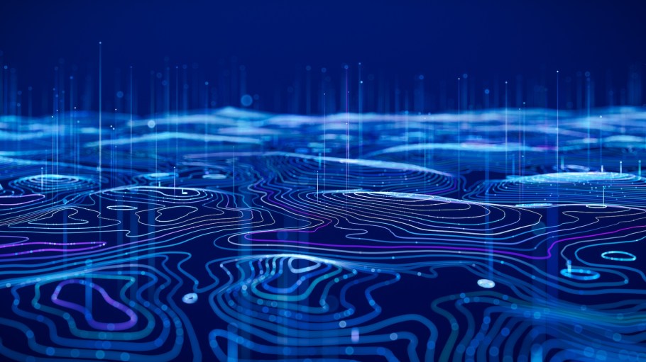 An abstract visualization of a digital terrain. Glowing particles and lines represent data flow and network connections over a blue, futuristic surface.