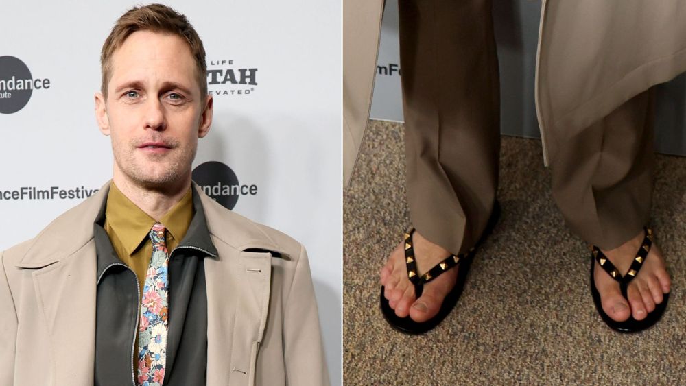 Alexander Skarsgård wearing a head-to-toe Valentino pre-fall 2026 look, including Rockstud thong sandals, at the premiere of "The Moment" at Sundance on Friday.