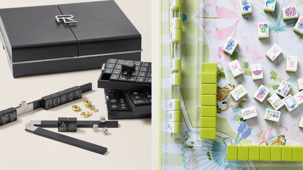 a ralph lauren mahjong set in black leather, with its accompanying pieces laid out in front; a colorful, pastel mahjong set from Oh My Mahjong, shot close up
