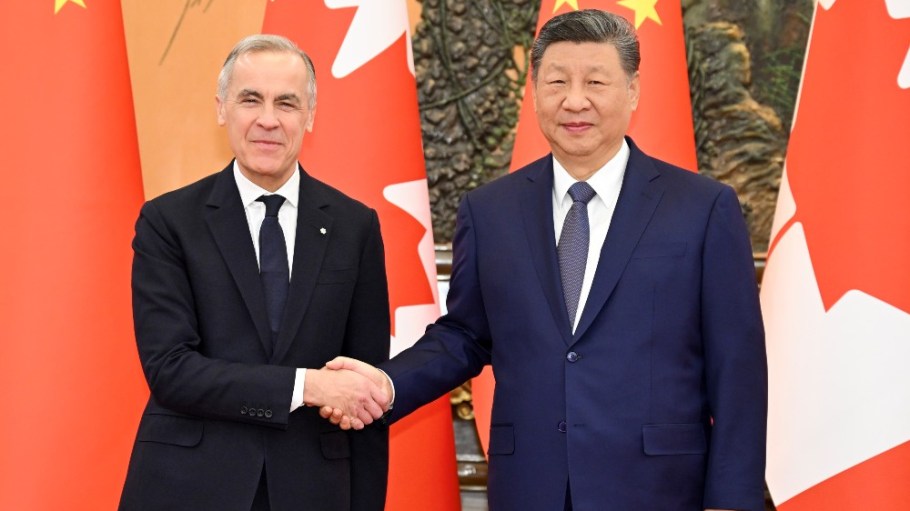 Chinese President Xi Jinping with Canadian Prime Minister Mark Carney at the Great Hall of the People in Beijing on Jan. 16.