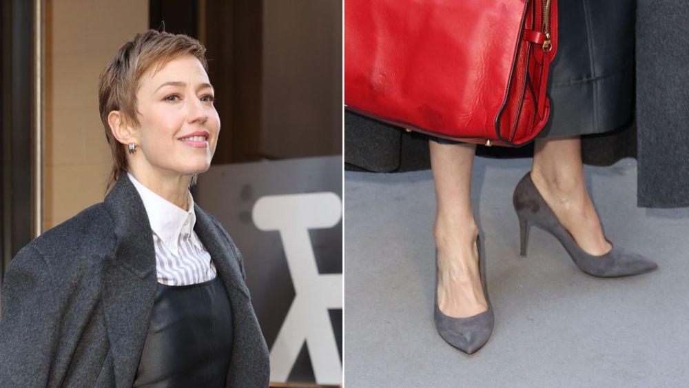 Carrie Coon wearing Gianvito Rossi pumps in a gray suede finish while out in New York on Tuesday.