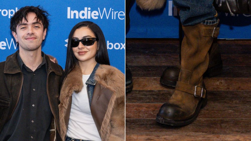 Charli XCX wears distressed Ann Demeulemeester leather boots alongside her "The Moment" director Aidan Zamiri at the IndieWire Studio at Sundance on Saturday.