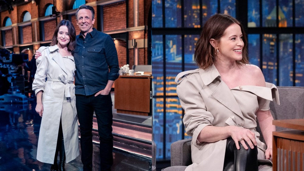 Claire Foy, left, and Seth Meyers on Late Night With Seth Meyers on Jan. 21 in New York City.