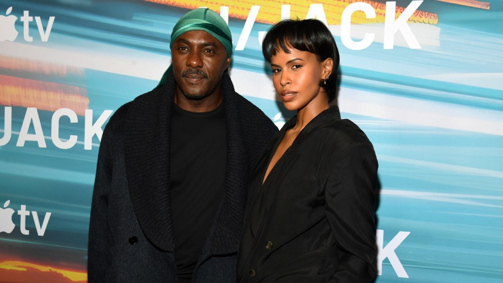 Idris Elba, left, and Sabrina Dhowre Elba wear coordinated outfits at Apple TV's "Hijack" Season Two premiere on Jan. 8 in New York City.