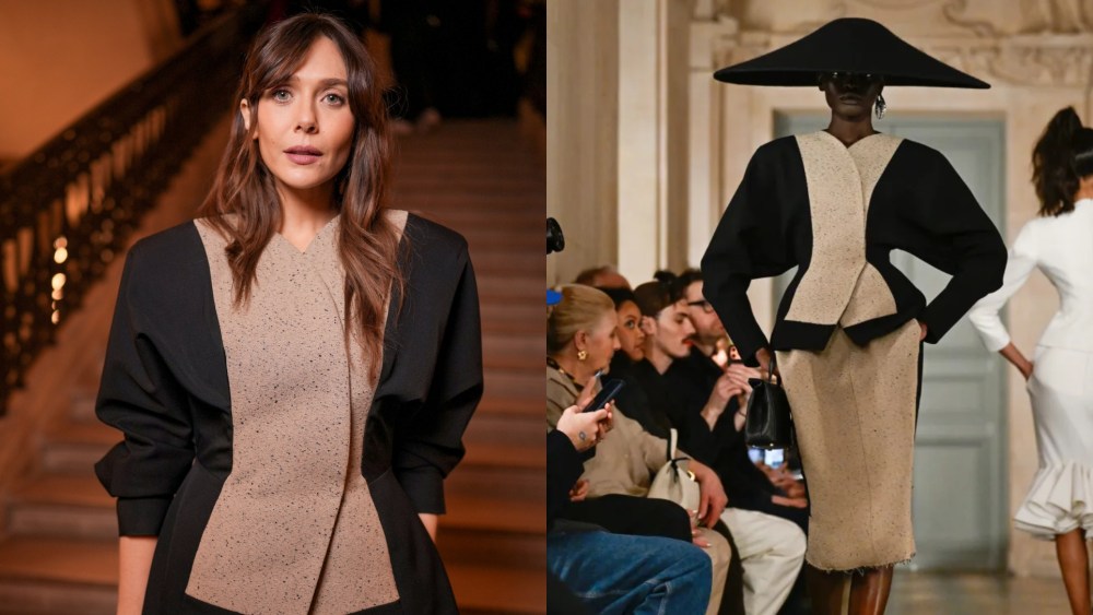 Elizabeth Olsen wears Jacquemus at the Jacquemus men's fall 2026 fashion show during Paris Men’s Fashion Week on Jan. 25, 2026 in Paris.