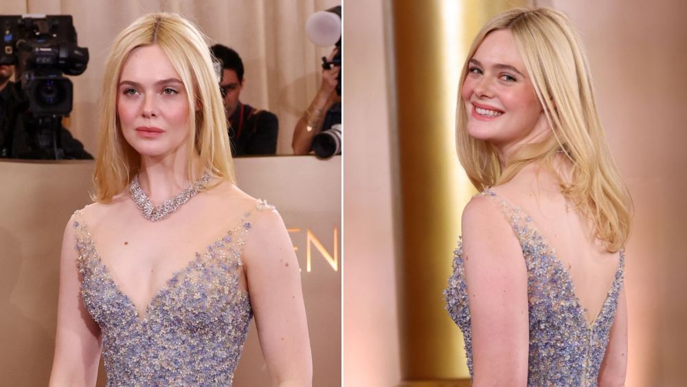 Elle Fanning wears a shimmering silver and blue Gucci dress at the 2026 Golden Globes.
