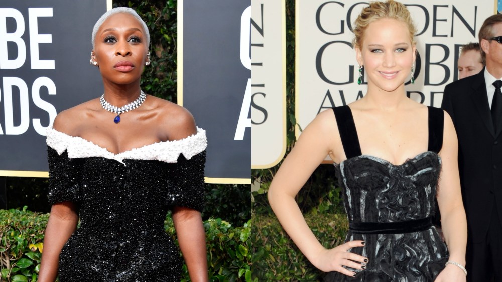 Cynthia Erivo in Thom Browne, left, and Jennifer Lawrence in Louis Vuitton, right, at the Golden Globe Awards.