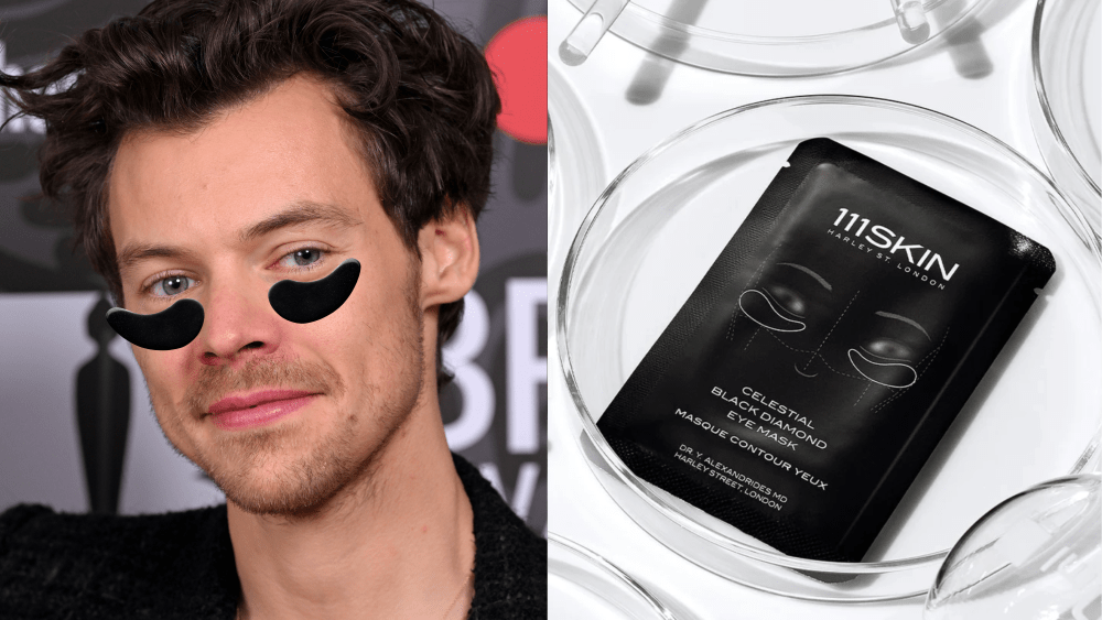 red carpet photo of harry styles, overlaid with black under-eye patches from 111skin; said under-eye patches in their packaging, laying in a petri dish