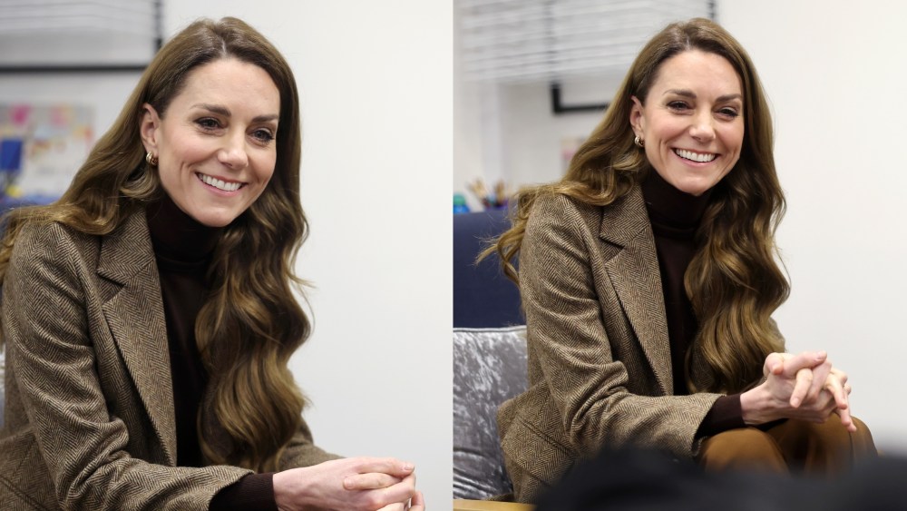 Kate Middleton wears a Holland Cooper blazer during her visit to Family Action's Children's Trauma Therapy Service on Jan. 27, 2026 in Bradford, England.