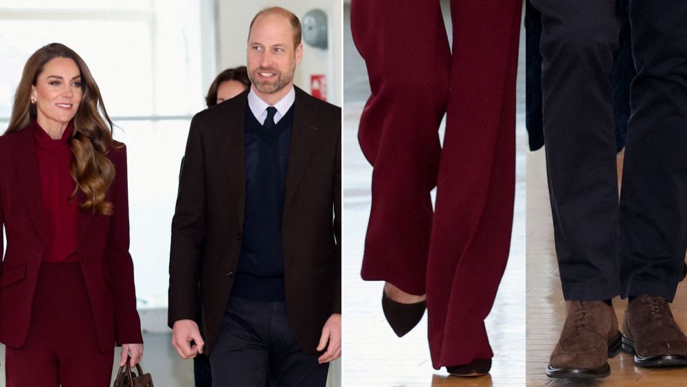 Kate Middleton and Prince William in coordinated chocolate brown suede shoe looks during their visit to Charing Cross Hospital in west London on Thursday.
