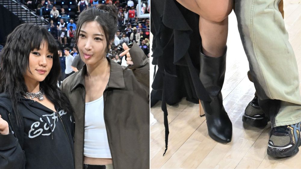 Rei Ami and Ejae donned black boots with a thin, rectangle heel and Asics’ Gel-Quantum Kinetic Pepper/Light Indigo low-top sneakers at the L.A. Clippers vs. Charlotte Hornets game Monday night.
