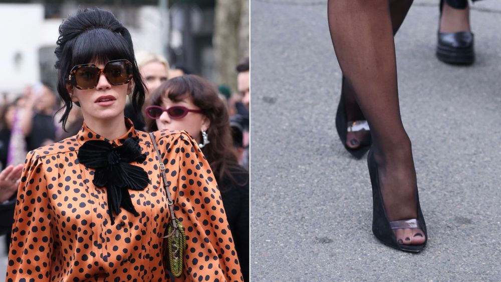 Lily Allen arriving at the Valentino Spring 2026 Couture show in Paris wearing suede-and-pvc stiletto pumps from the label's spring 2026 collection on Wednesday.