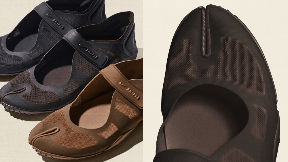 three nikeskims rift split toe shoes in different colors, from black to light brown, arranged side by side; a close up visual of a dark brown nikeskims rift shoe arrival